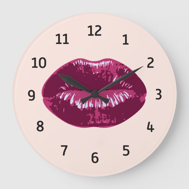 Pink Plum Red Kiss Lips Round Wall Clock (Front)