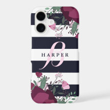 Pink & Plum Roses | Striped Monogrammed
