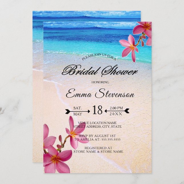 Pink Plumeria Beach Destination Bridal Shower © Invitation (Front/Back)
