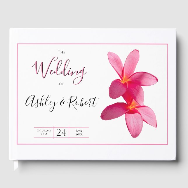 Pink Plumeria Flowers, Modern Wedding Guest Book (Front)