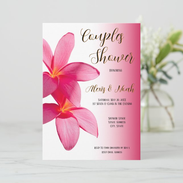 Pink Plumeria Flowers on Pink, Floral, Couples Invitation (Standing Front)