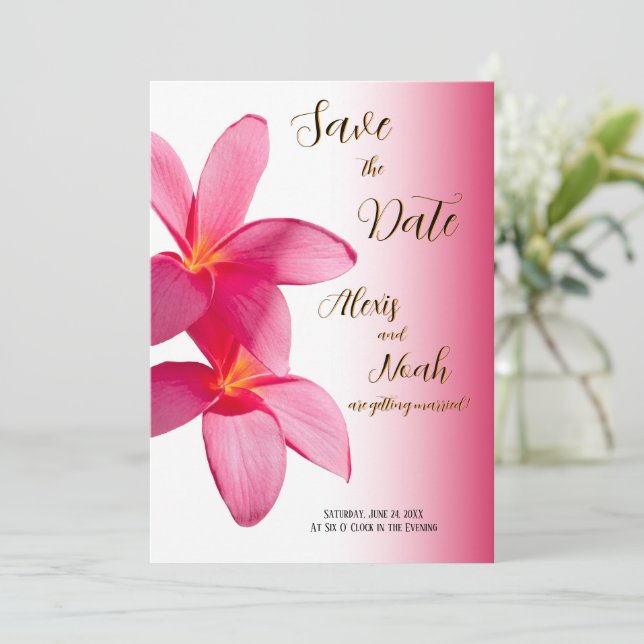 Pink Plumeria Flowers on Pink, Floral, Save Date Invitation (Standing Front)