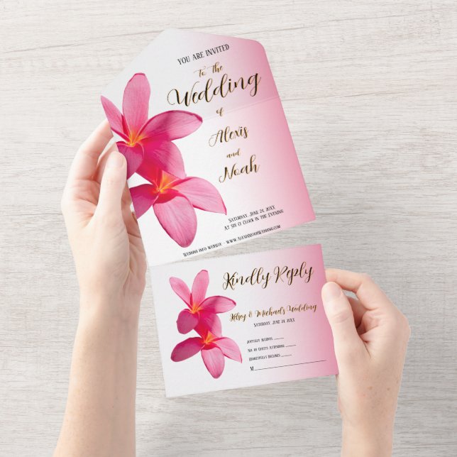 Pink Plumeria Flowers on Pink, Floral, Wedding All In One Invitation (Tearaway)