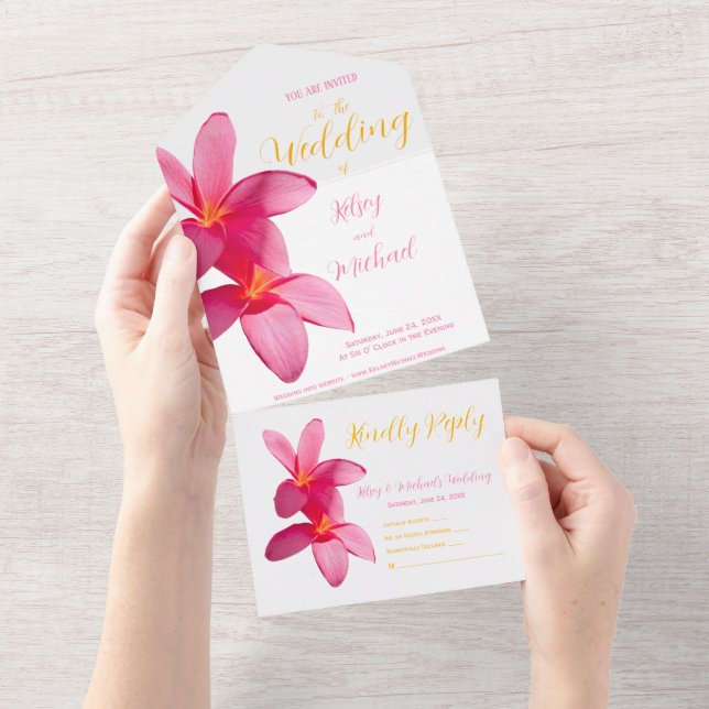 Pink Plumeria Flowers, Tropical, Floral Wedding All In One Invitation (Tearaway)