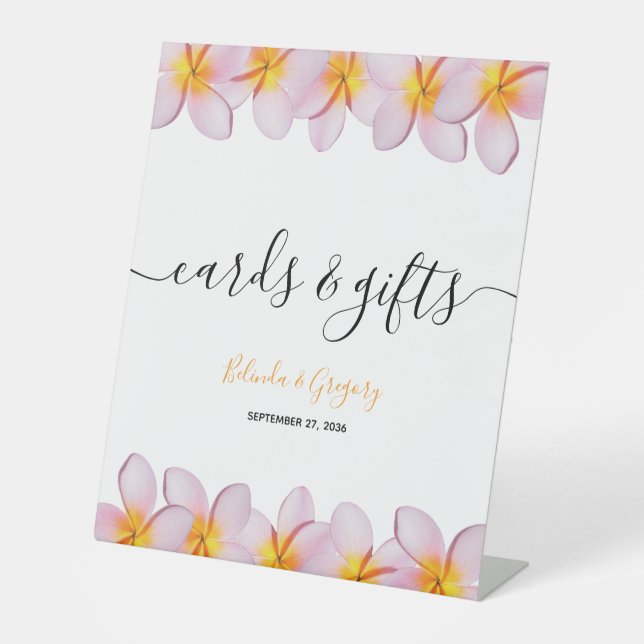 Pink Plumeria Frangipani Wedding Cards & Gifts Pedestal Sign (Front)