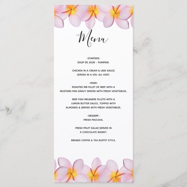 Pink Plumeria Frangipani Wedding Menu (Front)