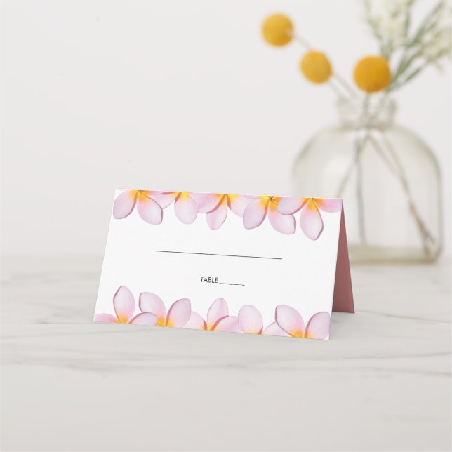 Pink Plumeria Frangipani Wedding Place Card (Front)