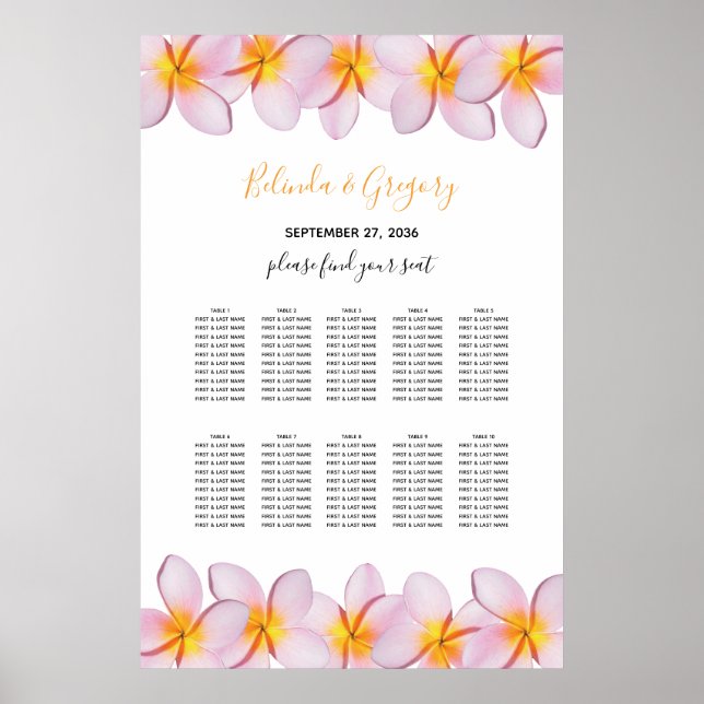Pink Plumeria Frangipani Wedding Seating Chart (Front)