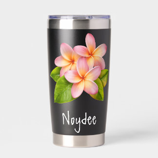 Pink Plumeria Frangipani, your Name, Floral Insulated Tumbler
