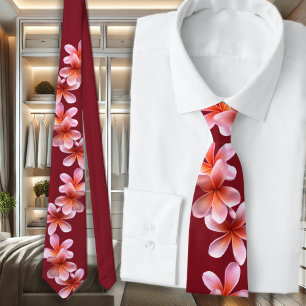 Pink Plumeria Maroon Tropical Flowers Unisex Tie