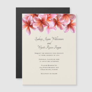 Pink Plumeria Real Flowers Border Ecru Magnetic Invitation