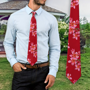 Pink Plumeria Red Tropical Floral Pattern Tie