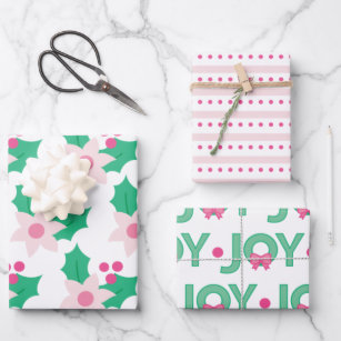 Pink Poinsettia and Holly Leaves Wrapping Paper Sheet