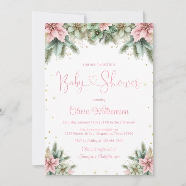 Pink Poinsettia Baby Shower Invitation (Front)