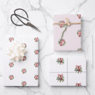 Pink Poinsettia Bouquet Holly and Berries Wrapping Paper Sheet