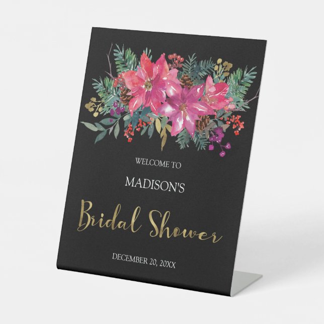 Pink Poinsettia Christmas Bridal Shower  Pedestal Sign (Front)