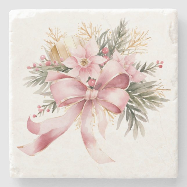 Pink Poinsettia Christmas Stone Coasters (Front)