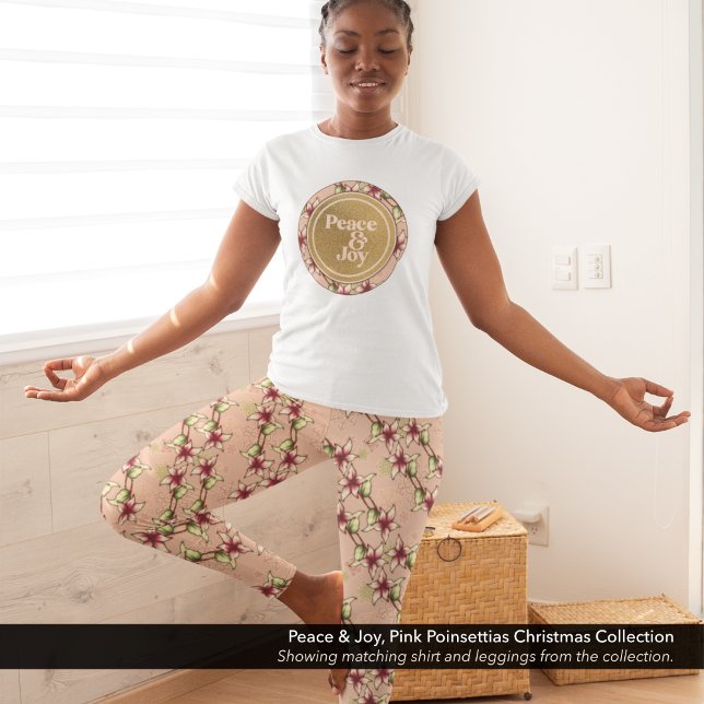 Pink Poinsettia Diagonal Striped Christmas Leggings (Pink Poinsettia Diagonal Striped Christmas Leggings with Matching Peace & Joy T-Shirt.)
