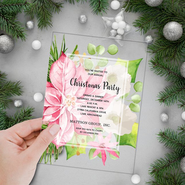 Pink Poinsettia Floral Christmas Holiday Acrylic Invitations (Pink poinsettia floral Christmas holiday ACRYLIC party invitations)