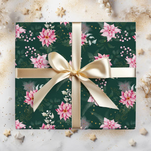 Pink Poinsettia Flowers on Dark Green Wrapping Paper