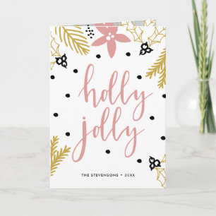 Pink Poinsettia Holly Jolly Photo Holiday Card