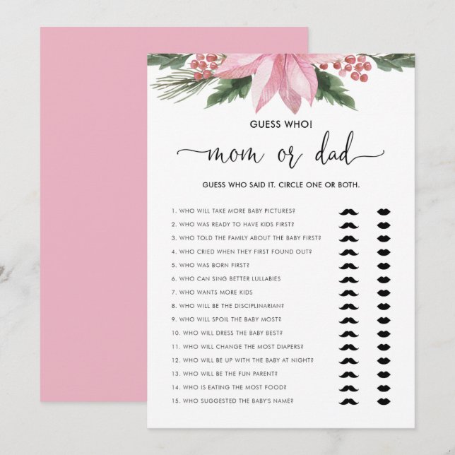 Pink Poinsettia Mum or Dad Baby Shower Game Card (Front/Back)