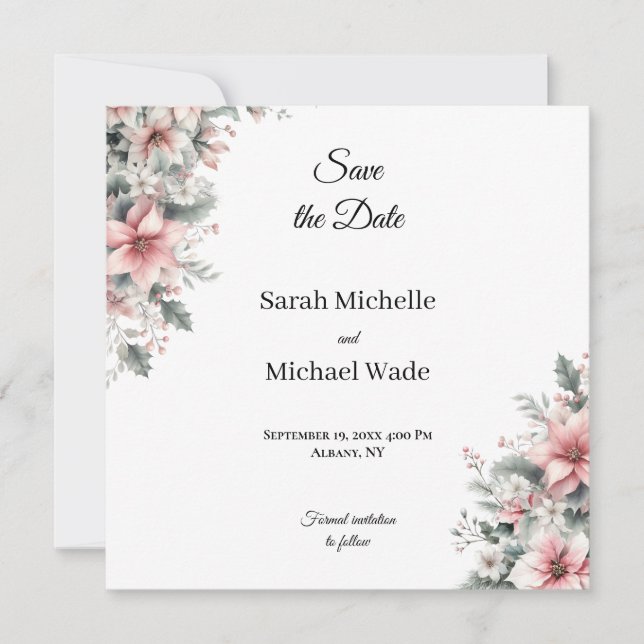 Pink Poinsettia Save the Date Invite (Front)