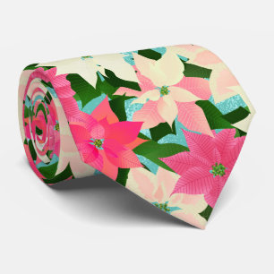 Pink Poinsettia Teal Christmas Tie