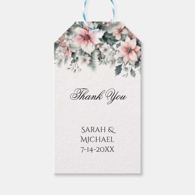 Pink Poinsettia Wedding Stickers Gift Tags (Front)