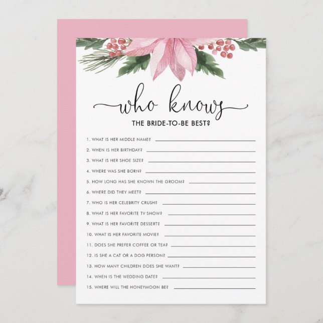 Pink Poinsettia Who Knows Bride Bridal Shower Game Invitation (Front/Back)