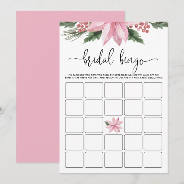 Pink Poinsettia Winter Bridal Shower Bingo Game Invitation (Front/Back)