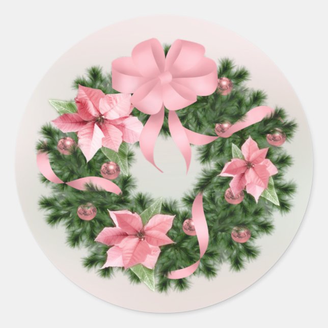 Pink Poinsettia Wreath Classic Sticker #2 (Front)