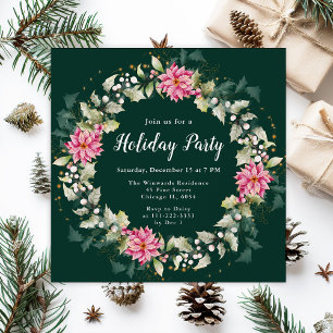 Pink Poinsettia Wreath Holiday Party Invitation