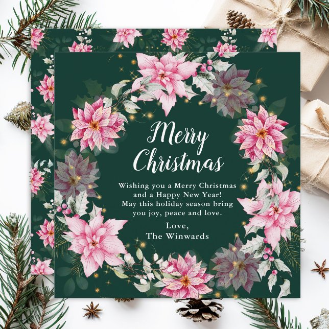 Pink Poinsettia Wreath Merry Christmas Holiday Card (Creator Uploaded)