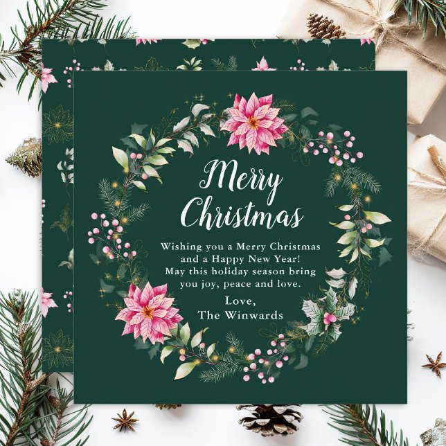 Pink Poinsettia Wreath Merry Christmas Holiday Card (Creator Uploaded)