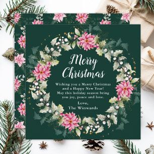 Pink Poinsettia Wreath Merry Christmas Holiday Card