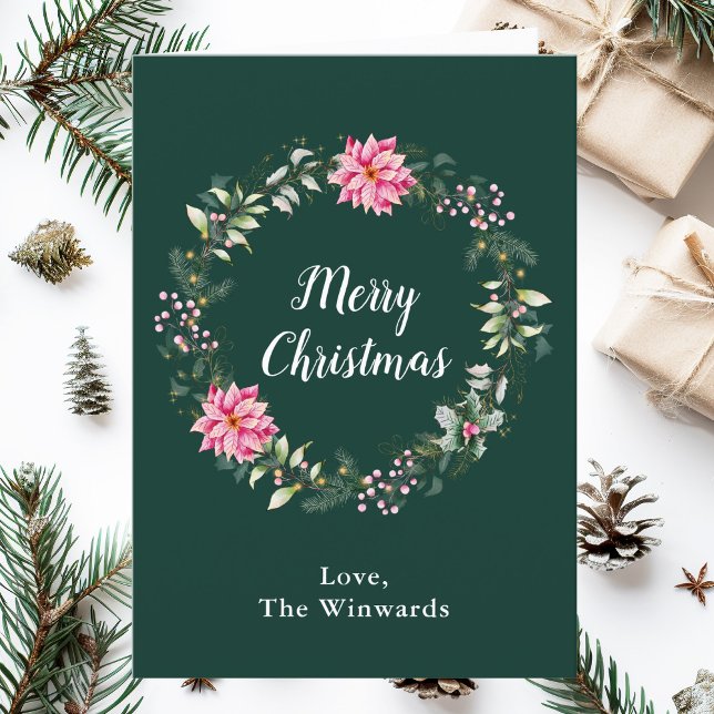 Pink Poinsettia Wreath Merry Christmas Holiday Card (Creator Uploaded)