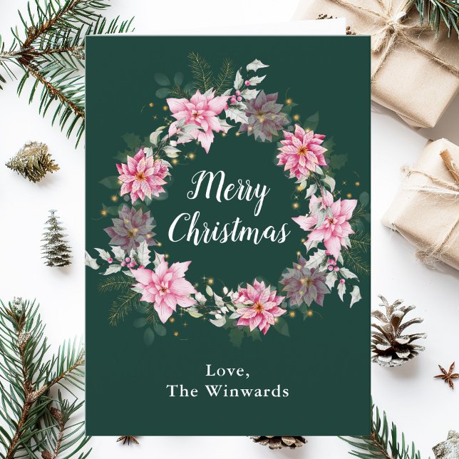 Pink Poinsettia Wreath Merry Christmas Holiday Card (Creator Uploaded)
