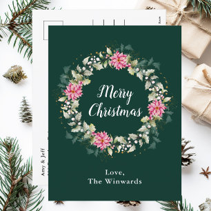 Pink Poinsettia Wreath Merry Christmas Holiday Postcard