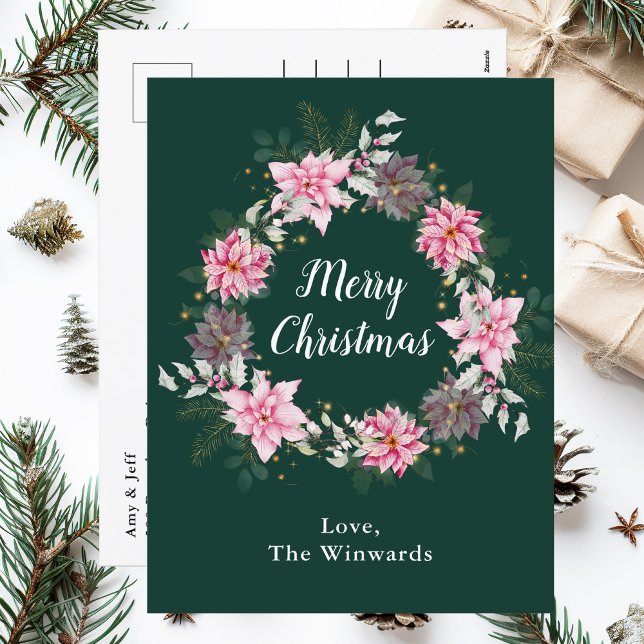Pink Poinsettia Wreath Merry Christmas Holiday Postcard (Creator Uploaded)