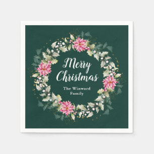 Pink Poinsettia Wreath Merry Christmas Napkin