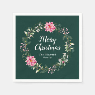 Pink Poinsettia Wreath Merry Christmas Napkin