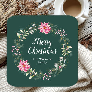 Pink Poinsettia Wreath Merry Christmas Square Paper Coaster