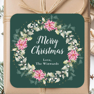 Pink Poinsettia Wreath Merry Christmas Square Sticker