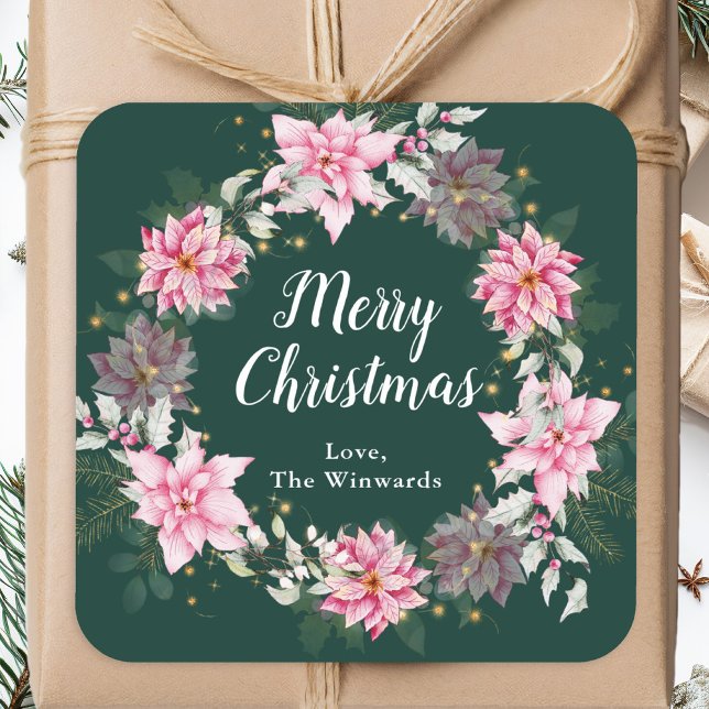 Pink Poinsettia Wreath Merry Christmas Square Sticker (Creator Uploaded)