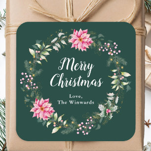 Pink Poinsettia Wreath Merry Christmas Square Sticker