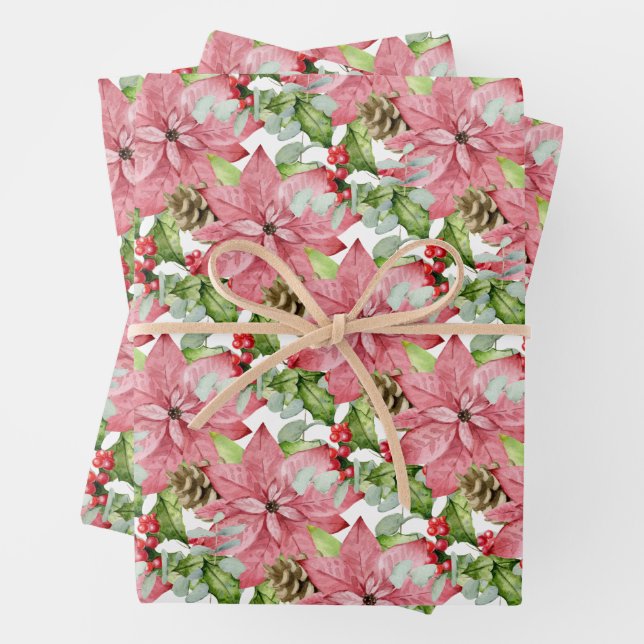Pink Poinsettias and Pines Wrapping Paper Sheet (In situ)