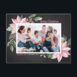 Pink Poinsettias Chalkboard Merry Christmas Photo Holiday Postcard<br><div class="desc">Merry Christmas! Send holiday greetings to family and friends with this customisable botanical postcard. It features watercolor illustration of pink poinsettias,  berries,  cotton and hollies on a faux chalkboard background. Personalise by adding photos and your own texts. This pink floral Christmas postcard is available in a variety of cardstock.</div>