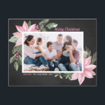Pink Poinsettias Chalkboard Merry Christmas Photo Holiday Postcard<br><div class="desc">Merry Christmas! Send holiday greetings to family and friends with this customisable botanical postcard. It features watercolor illustration of pink poinsettias,  berries,  cotton and hollies on a faux chalkboard background. Personalise by adding photos and your own texts. This pink floral Christmas postcard is available in a variety of cardstock.</div>