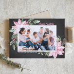 Pink Poinsettias Chalkboard Photo Happy Holidays Holiday Card<br><div class="desc">Happy Holidays! Customisable floral Christmas flat card featuring watercolor illustration of pink poinsettias, berries, cotton and hollies on a faux chalkboard background. Personalise by adding photos and your own texts. This pink floral Christmas card is available in a variety of cardstock. Send holiday greetings to family and friends with this...</div>